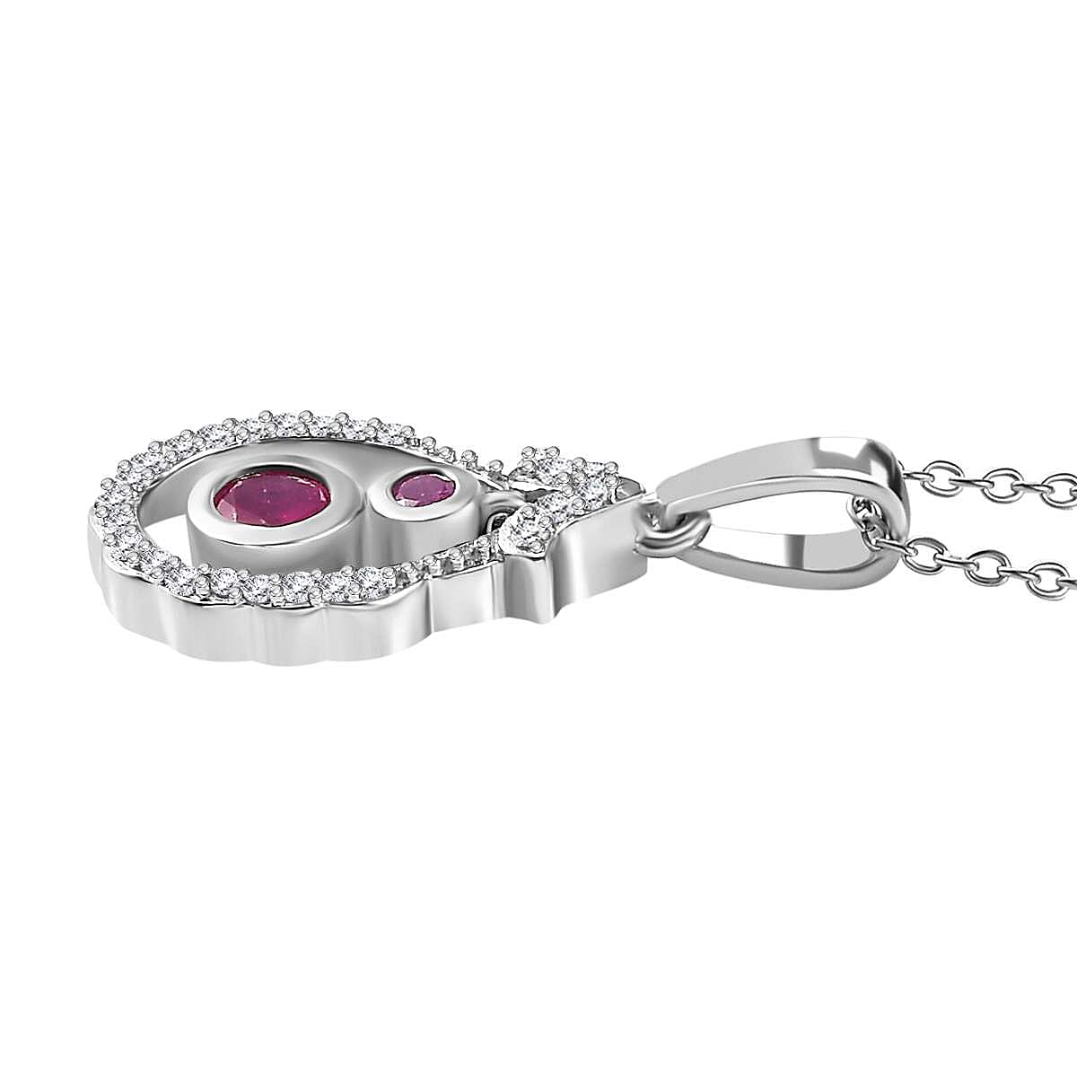 Mozambique Ruby, White Zircon Dangle Pendant with Chain (Size 20) in Rhodium Overlay Sterling Silver 4297602 3