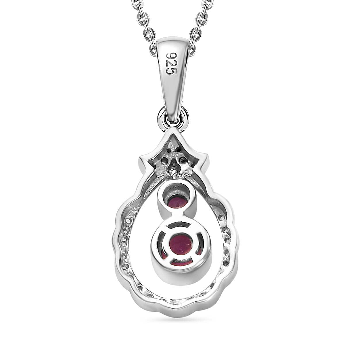 Mozambique Ruby, White Zircon Dangle Pendant with Chain (Size 20) in Rhodium Overlay Sterling Silver 4297602 4