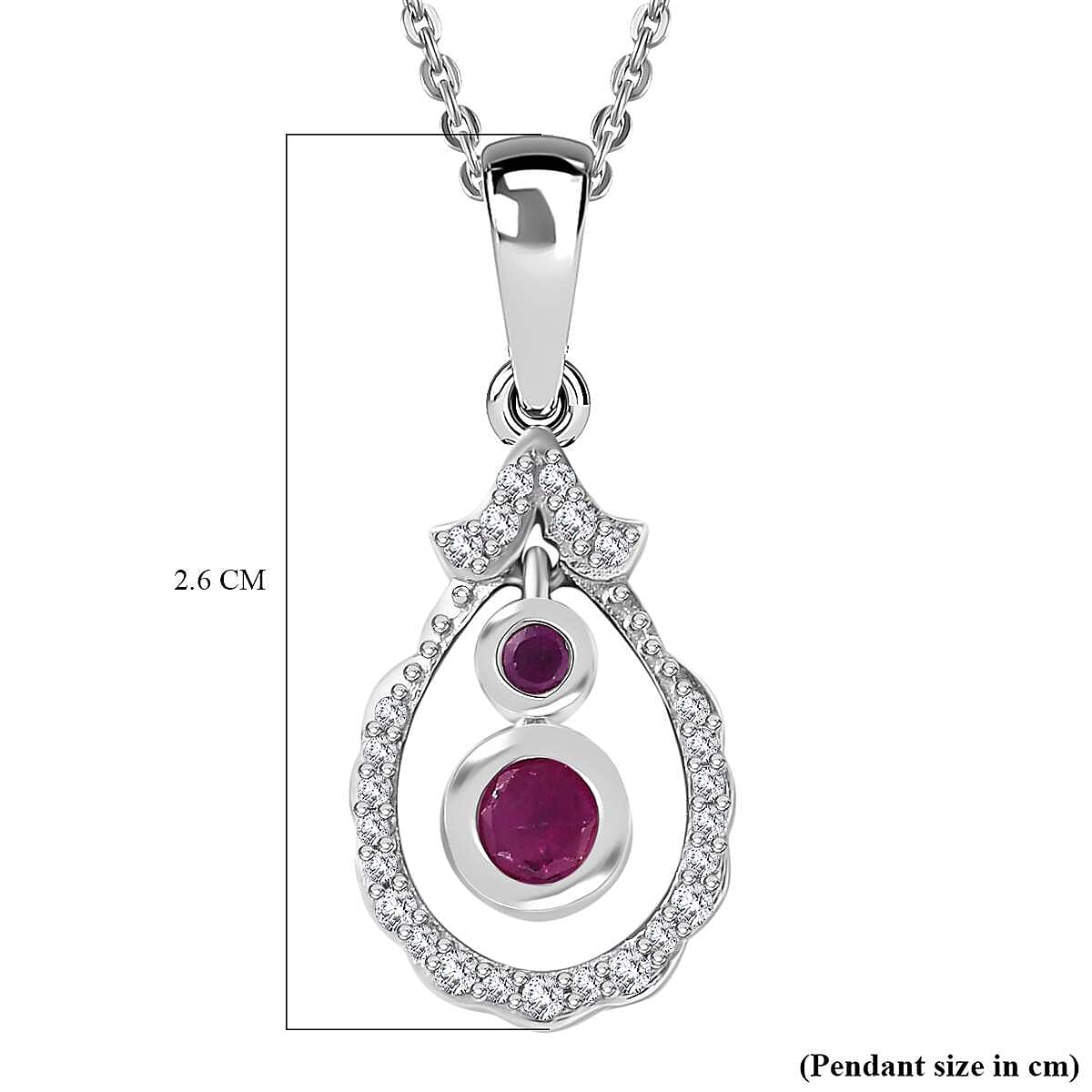 Mozambique Ruby, White Zircon Dangle Pendant with Chain (Size 20) in Rhodium Overlay Sterling Silver 4297602 5