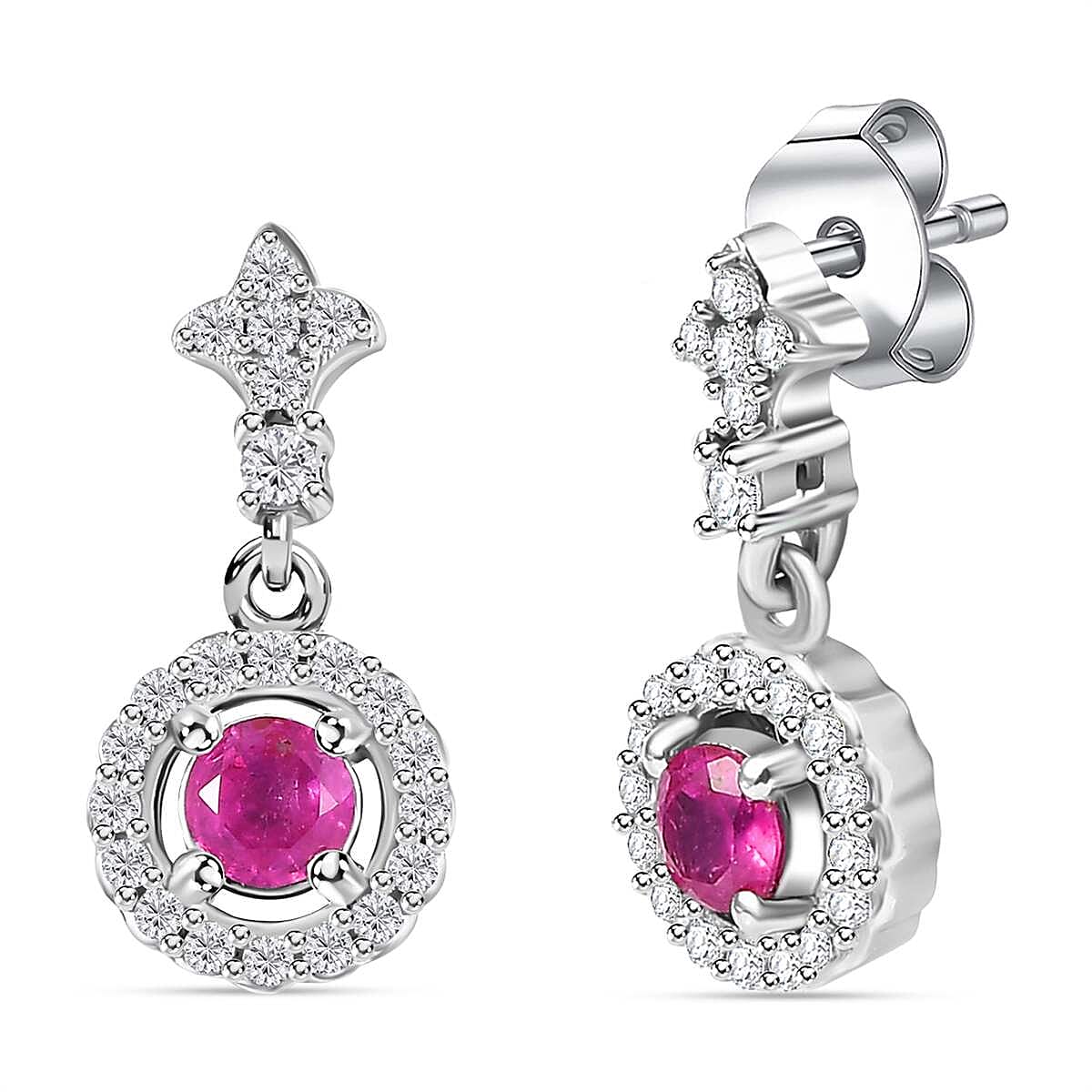Mozambique Ruby, White Zircon Dangling Earrings in Rhodium Overlay Sterling Silver 7854237 0