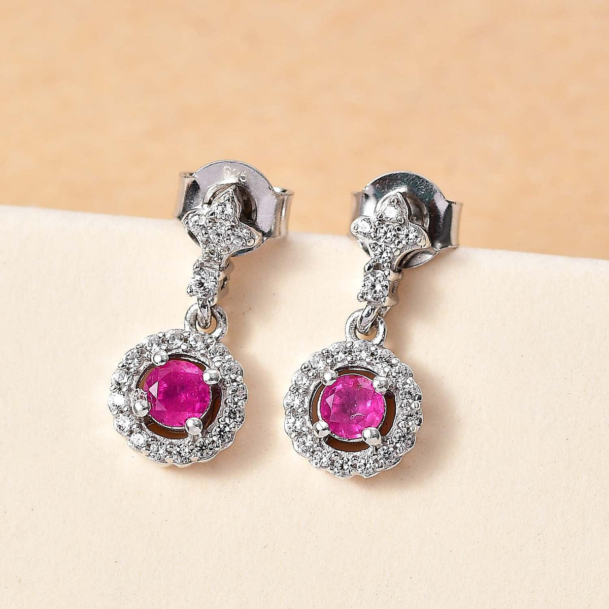 Mozambique Ruby, White Zircon Dangling Earrings in Rhodium Overlay Sterling Silver 7854237 2