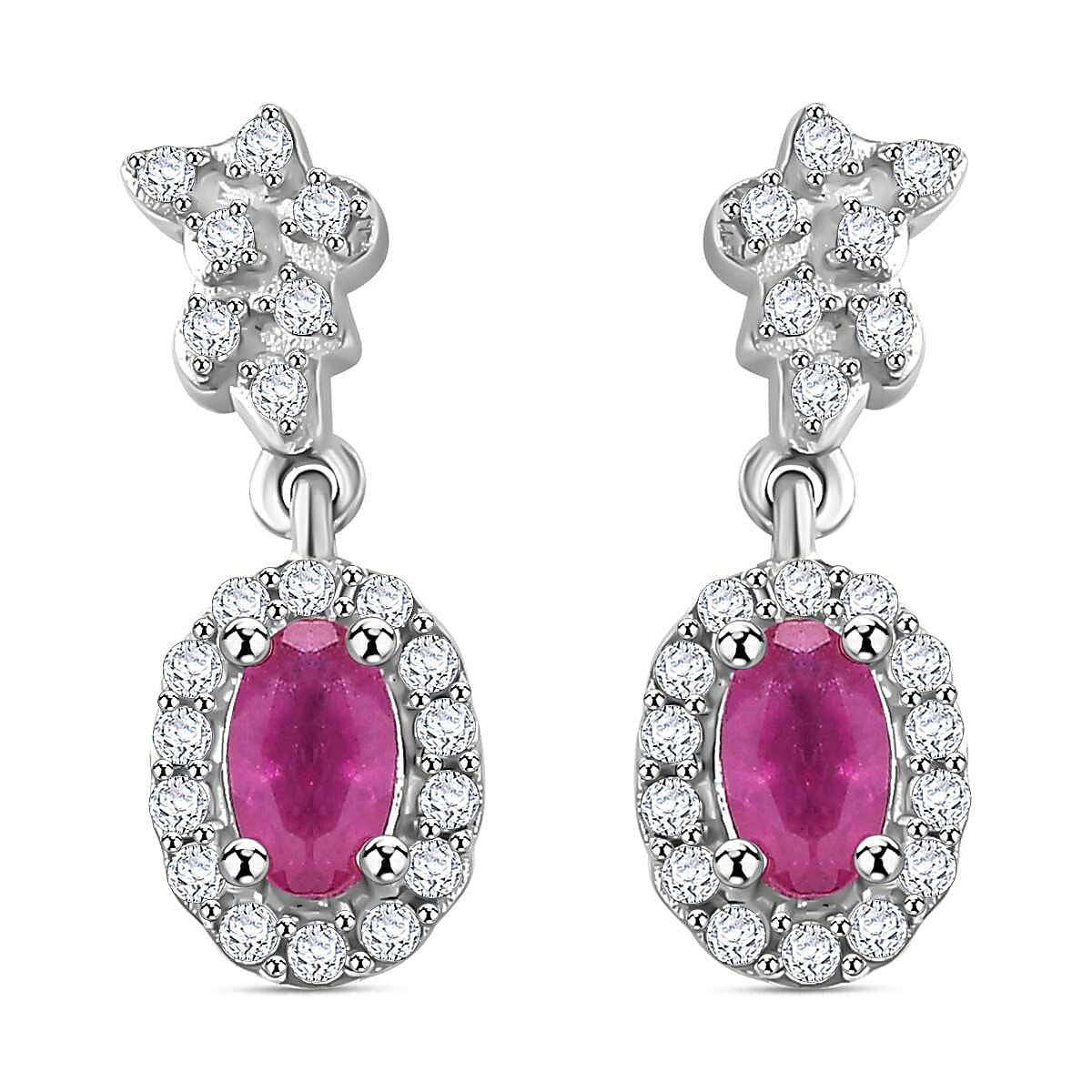 Mozambique Ruby, White Zircon Dangling Halo Earrings in Rhodium Overlay Sterling Silver 7855120 0