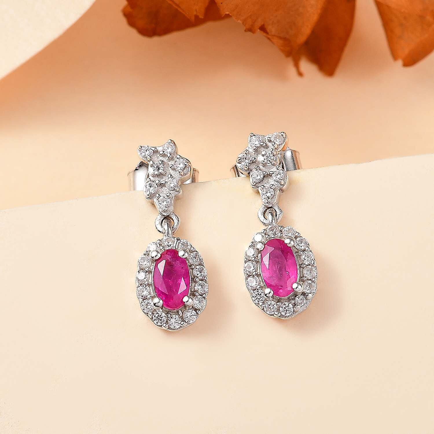 Mozambique Ruby, White Zircon Dangling Halo Earrings in Rhodium Overlay Sterling Silver 7855120 2