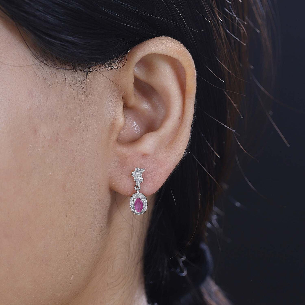 Mozambique Ruby, White Zircon Dangling Halo Earrings in Rhodium Overlay Sterling Silver 7855120 3