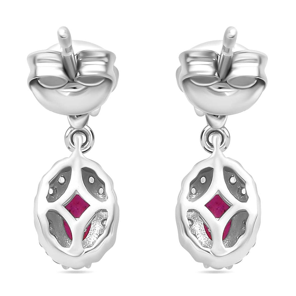 Gemfields Montepuez Ruby & White Zircon Dangling Earring in Rhodium Overlay Sterling Silver 1.00 Ct.