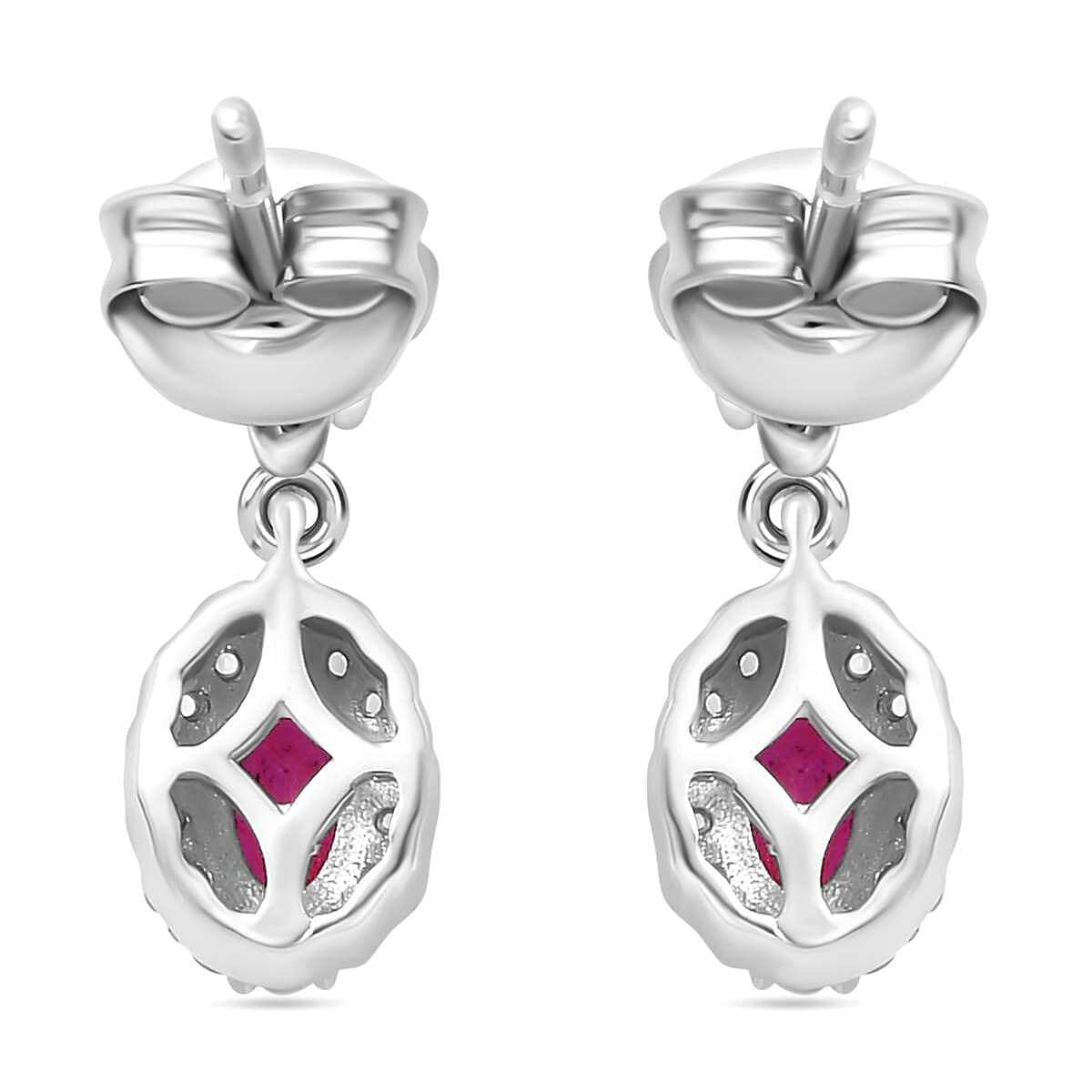 Mozambique Ruby, White Zircon Dangling Halo Earrings in Rhodium Overlay Sterling Silver 7855120 5