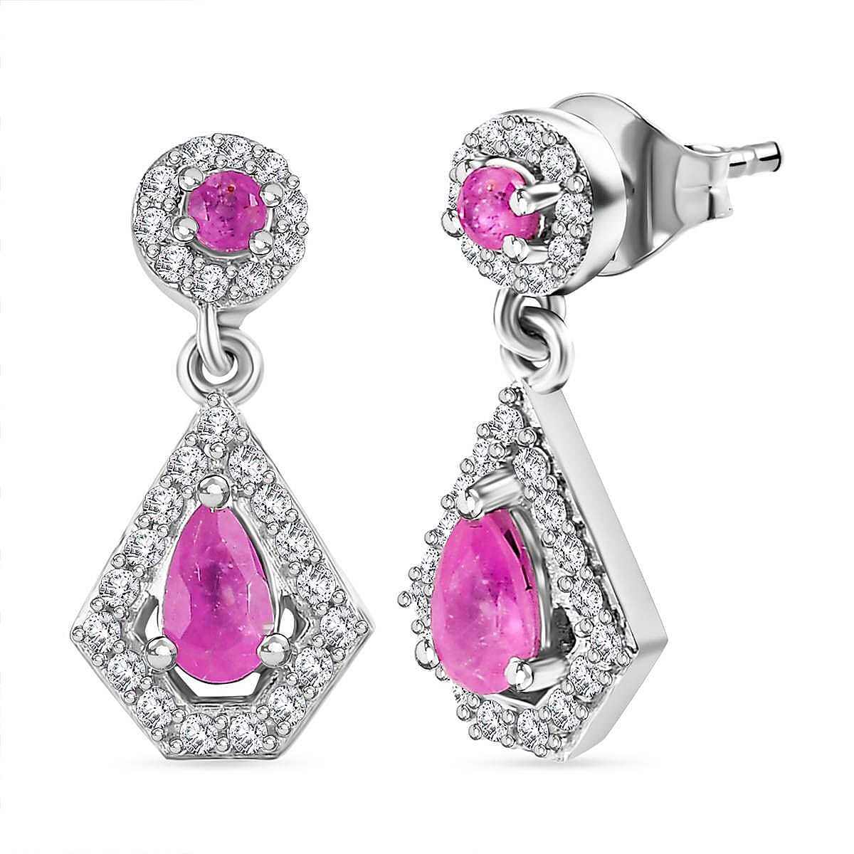 Mozambique Ruby, White Zircon Dangling Earrings in Rhodium Overlay Sterling Silver 7860750 0