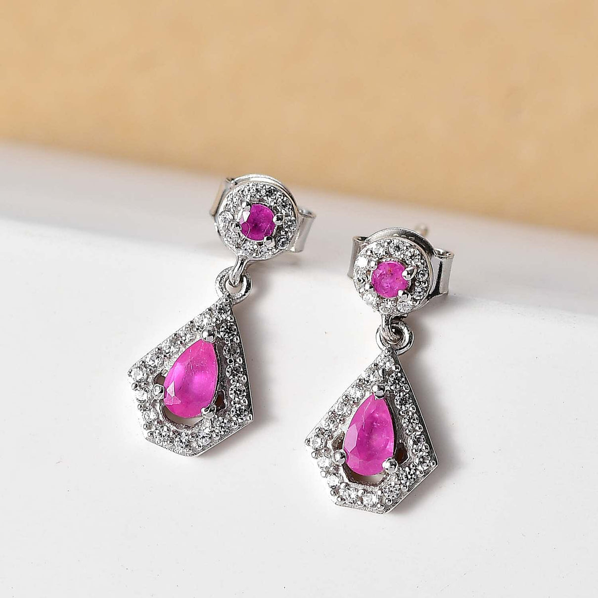 Mozambique Ruby, White Zircon Dangling Earrings in Rhodium Overlay Sterling Silver 7860750 2