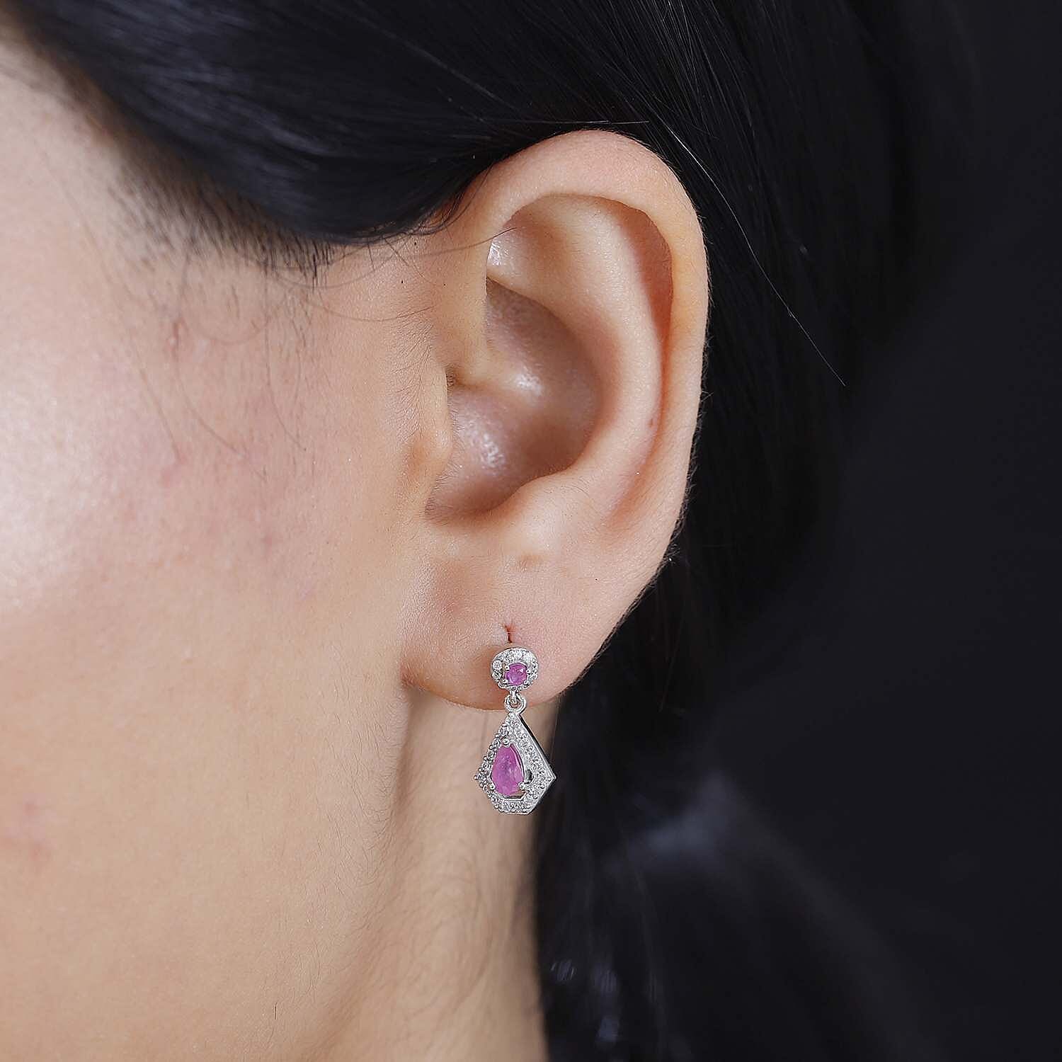 Mozambique Ruby, White Zircon Dangling Earrings in Rhodium Overlay Sterling Silver 7860750 3