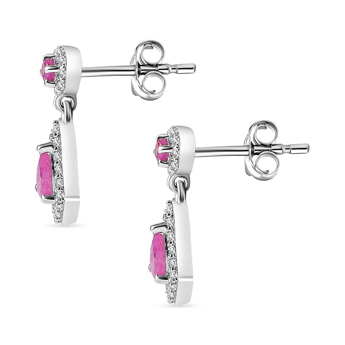 Mozambique Ruby, White Zircon Dangling Earrings in Rhodium Overlay Sterling Silver 7860750 4