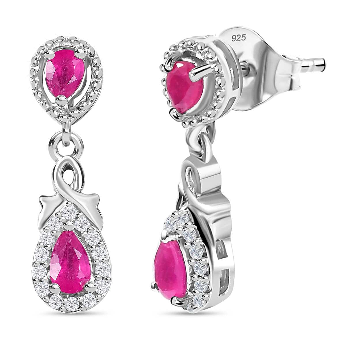 Mozambique Ruby, White Zircon Dangle Earrings in Rhodium Overlay Sterling Silver 7851066 0
