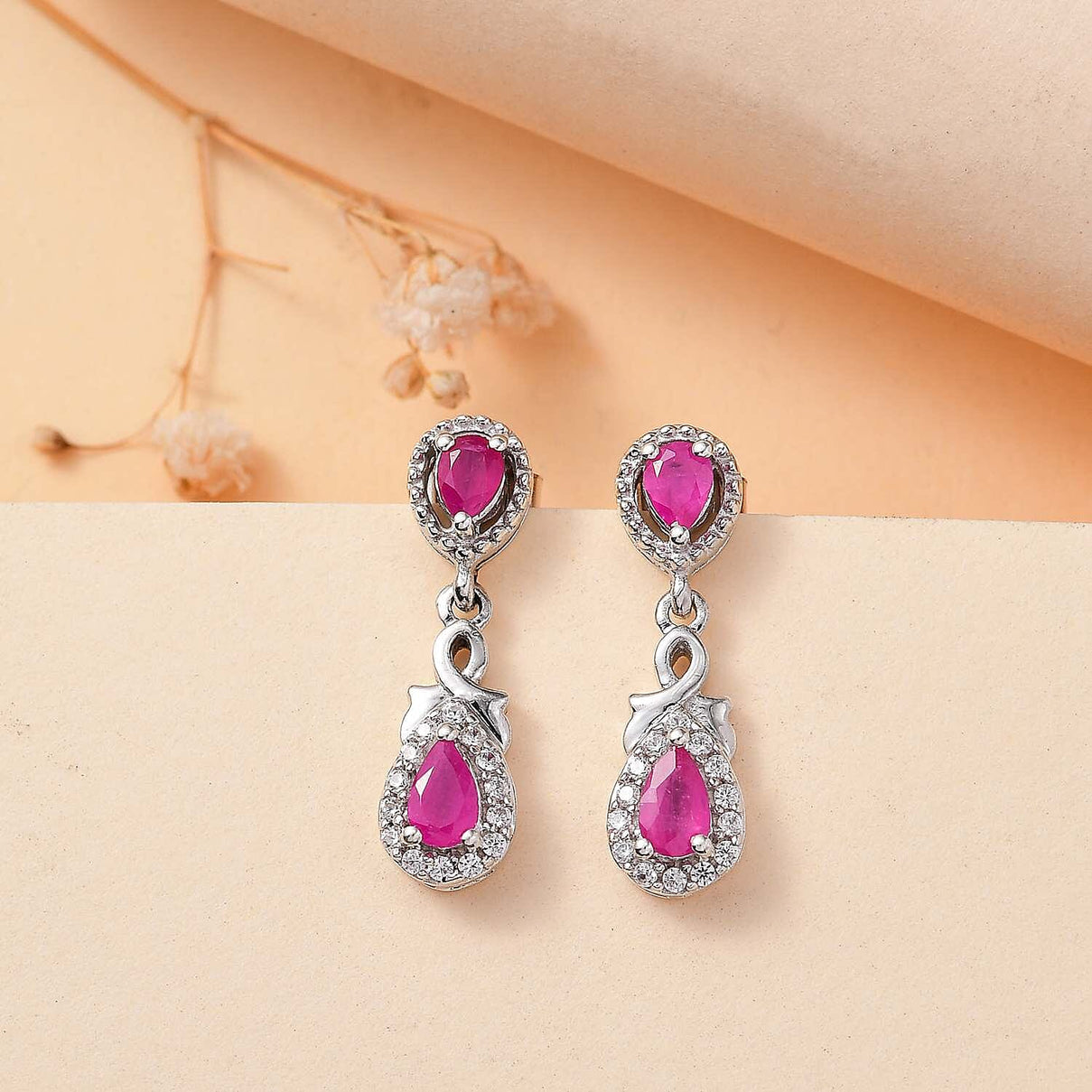 Mozambique Ruby, White Zircon Dangle Earrings in Rhodium Overlay Sterling Silver 7851066 2