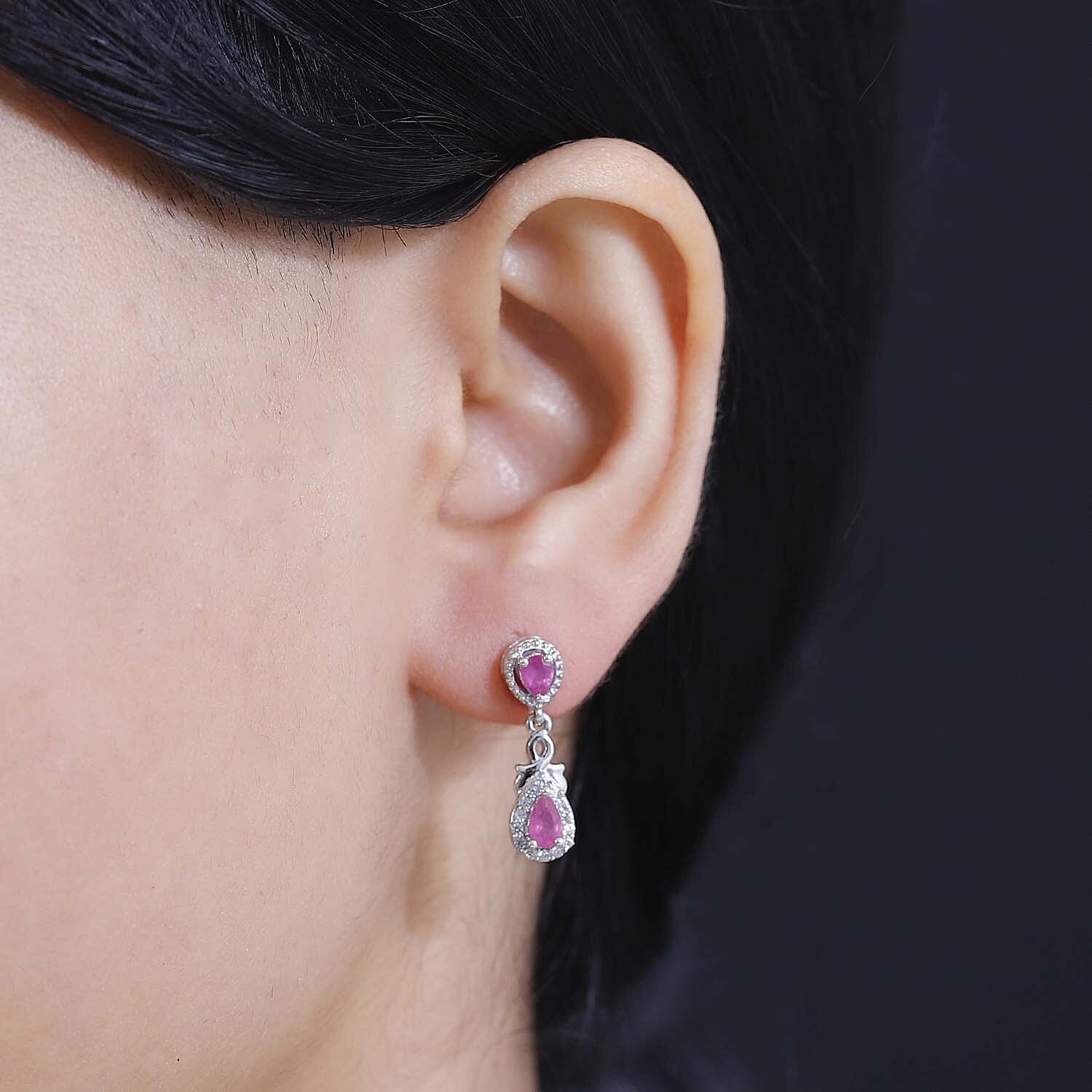 Mozambique Ruby, White Zircon Dangle Earrings in Rhodium Overlay Sterling Silver 7851066 3