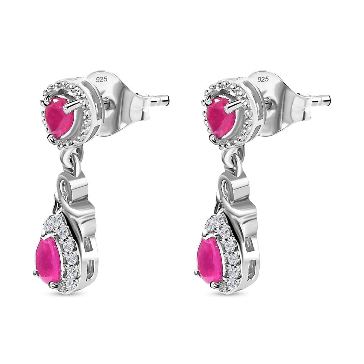 Mozambique Ruby, White Zircon Dangle Earrings in Rhodium Overlay Sterling Silver 7851066 4