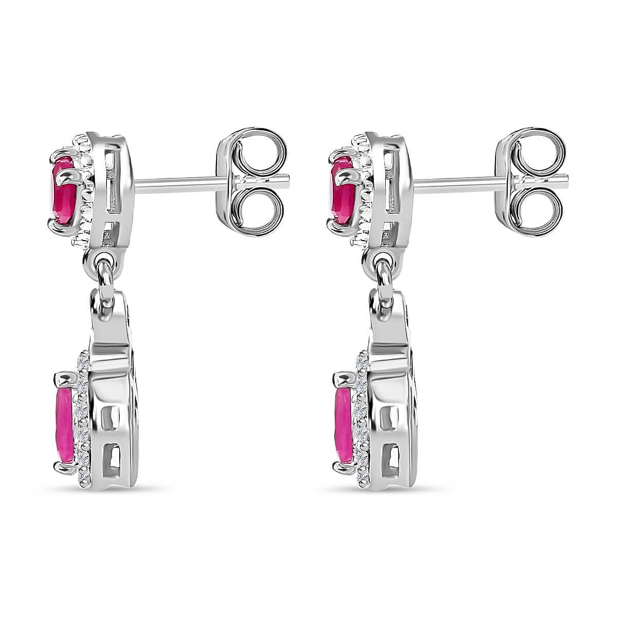 Mozambique Ruby, White Zircon Dangle Earrings in Rhodium Overlay Sterling Silver 7851066 5