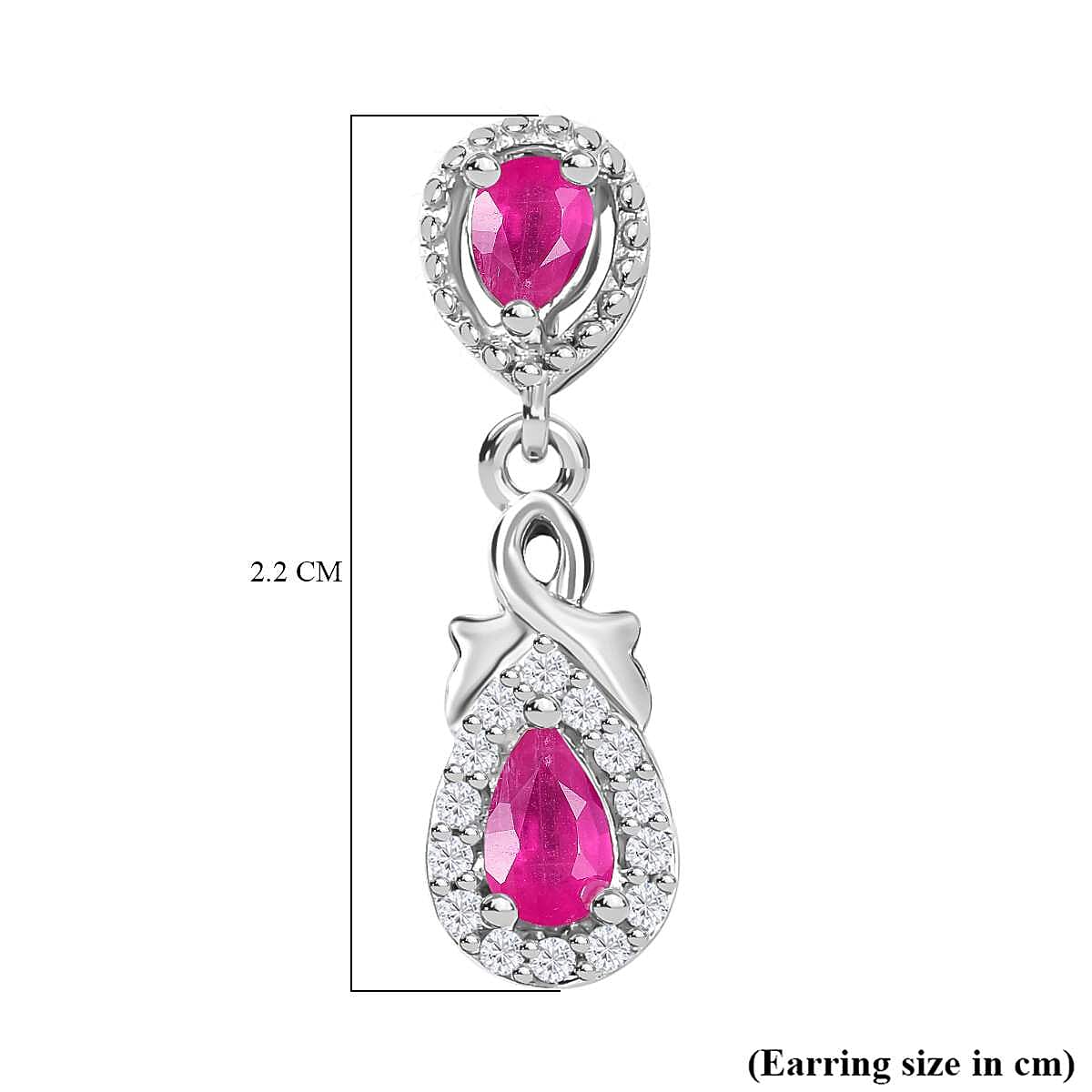 Mozambique Ruby, White Zircon Dangle Earrings in Rhodium Overlay Sterling Silver 7851066 7