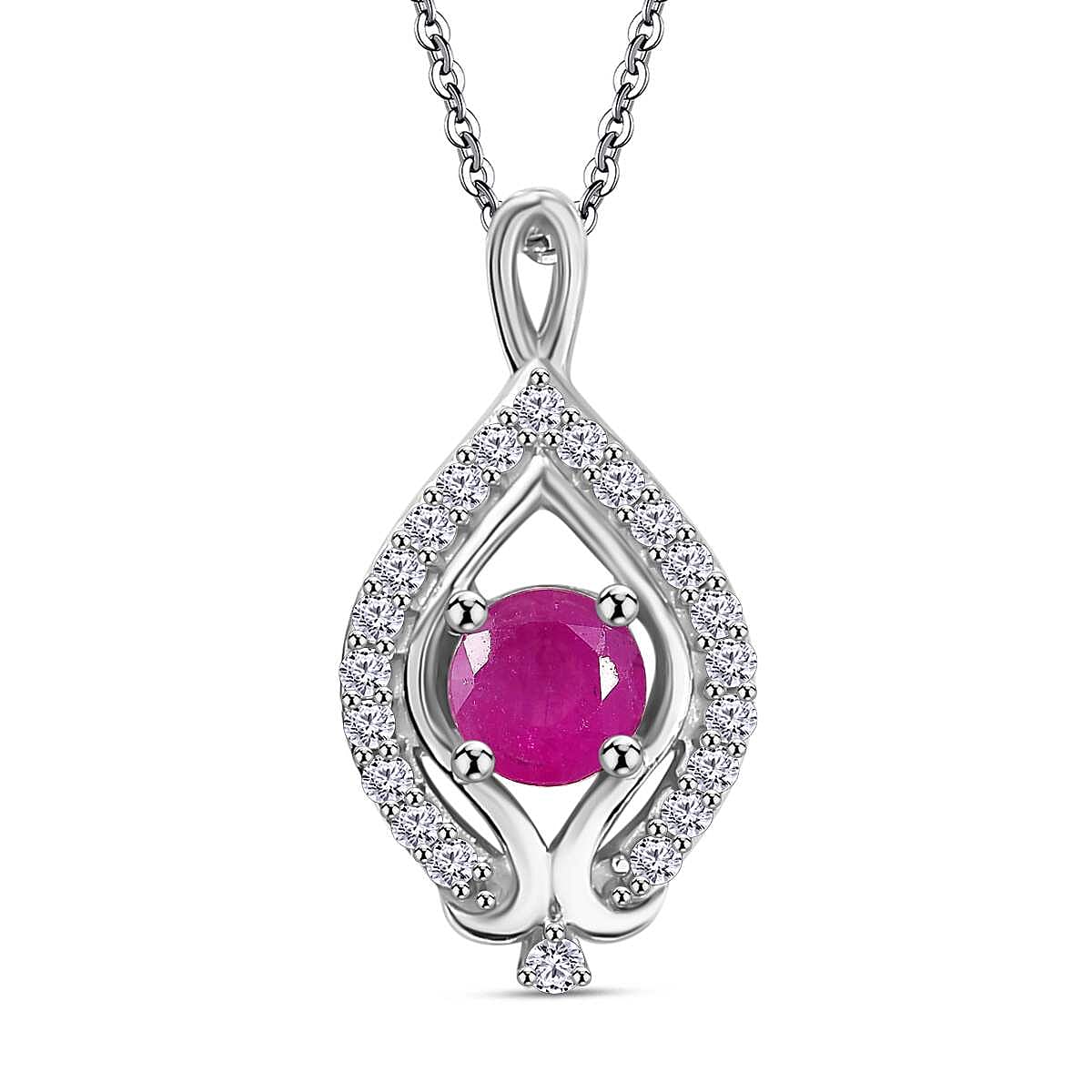 Mozambique Ruby, White Zircon Pendant with Chain (Size 20) in Rhodium Overlay  Sterling Silver 4296161 0