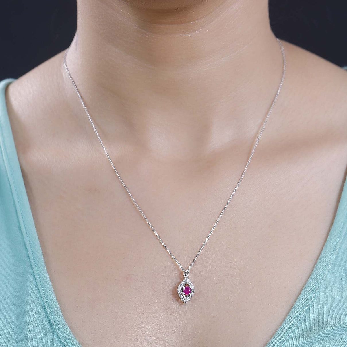 Mozambique Ruby, White Zircon Pendant with Chain (Size 20) in Rhodium Overlay  Sterling Silver 4296161 2