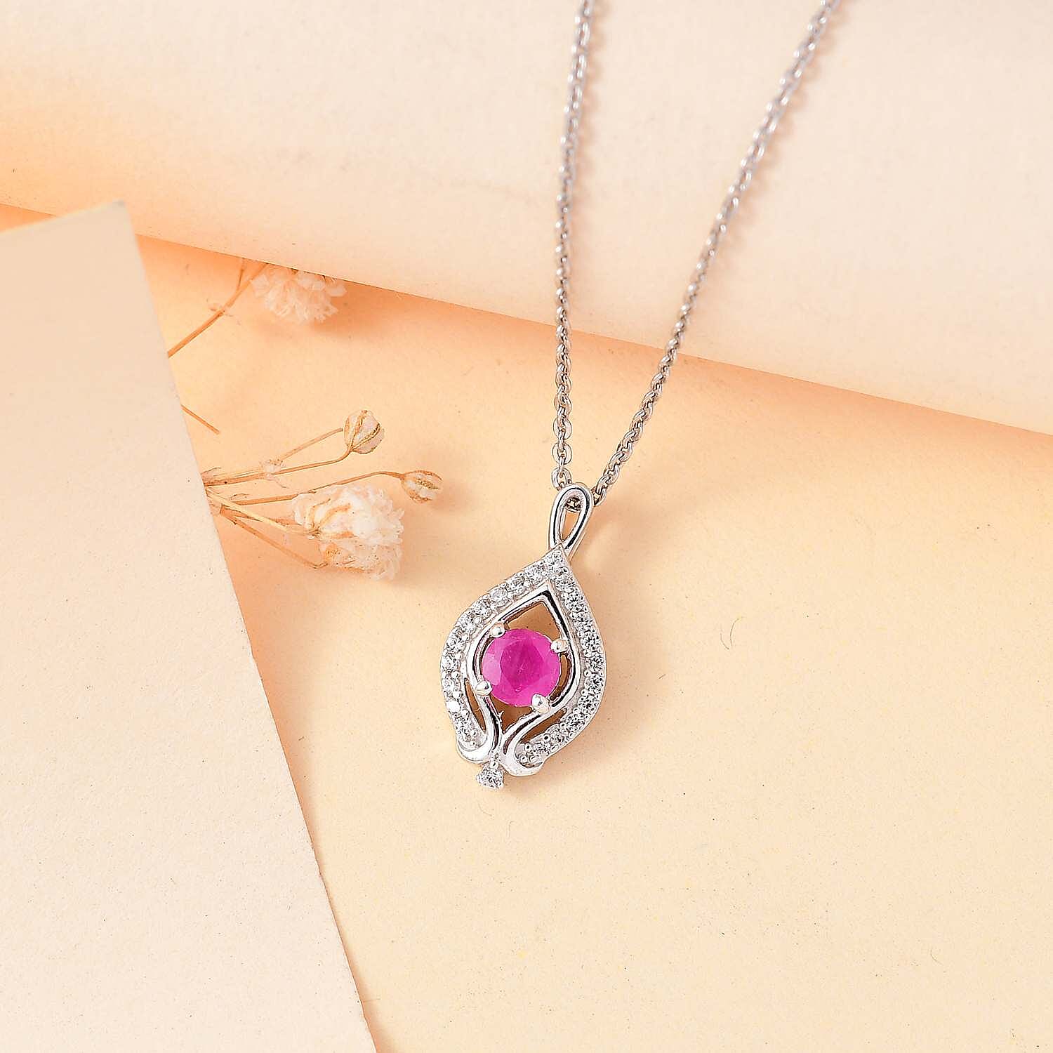 Mozambique Ruby, White Zircon Pendant with Chain (Size 20) in Rhodium Overlay  Sterling Silver 4296161 3