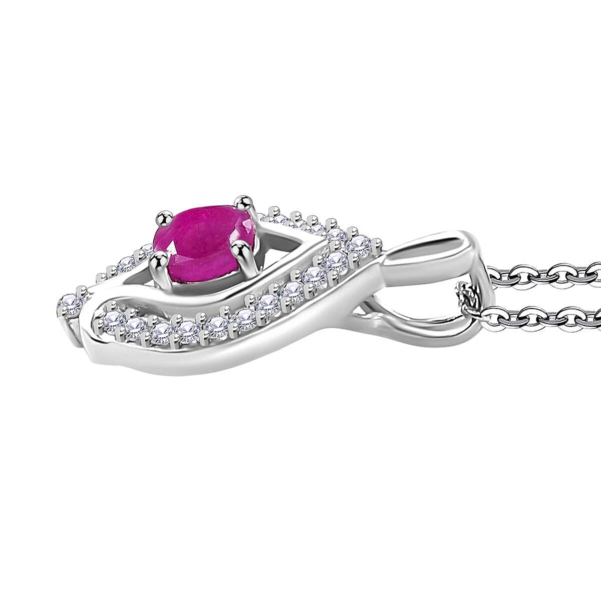 Mozambique Ruby, White Zircon Pendant with Chain (Size 20) in Rhodium Overlay  Sterling Silver 4296161 4