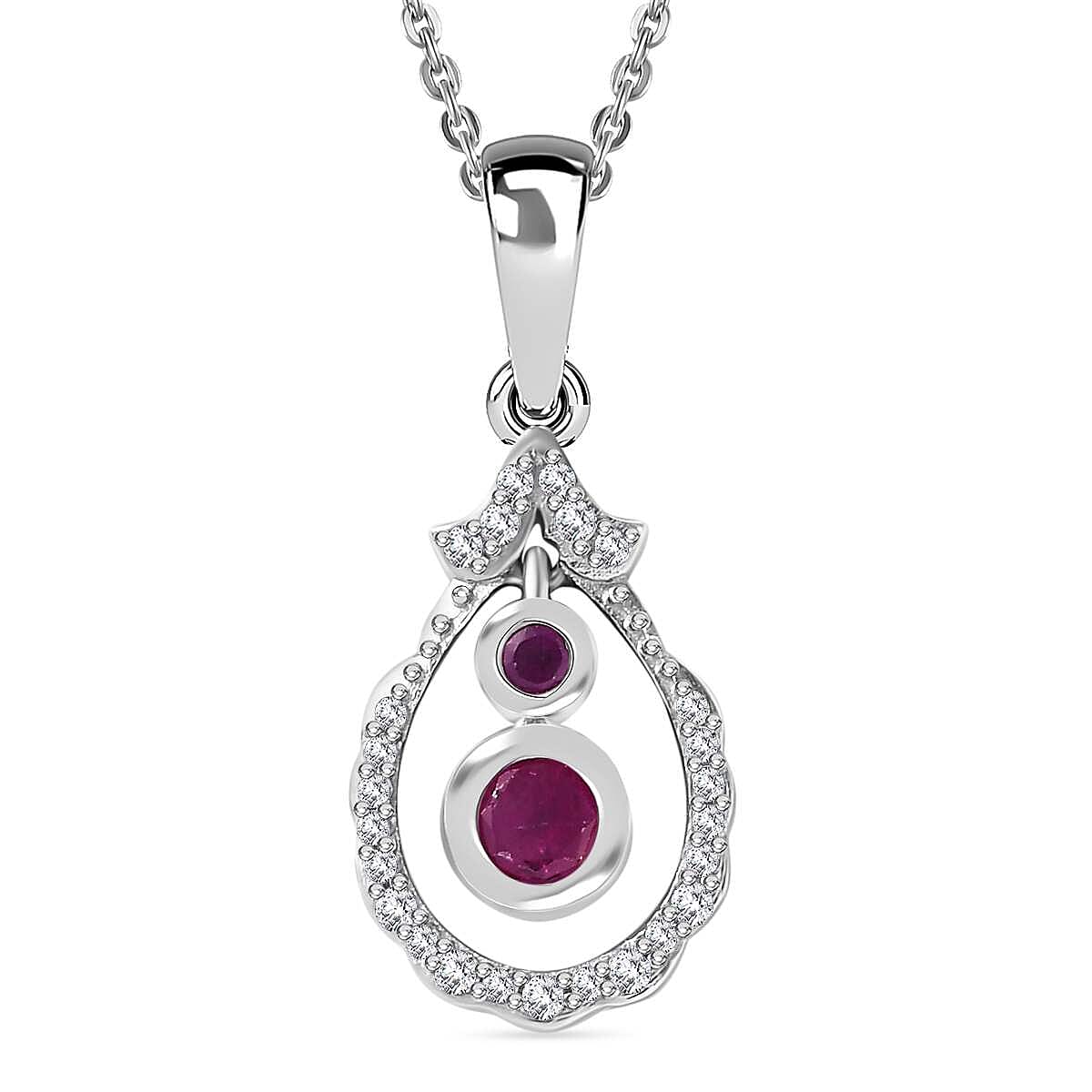 Mozambique Ruby, White Zircon Dangle Pendant with Chain (Size 20) in Rhodium Overlay Sterling Silver 4297602 6