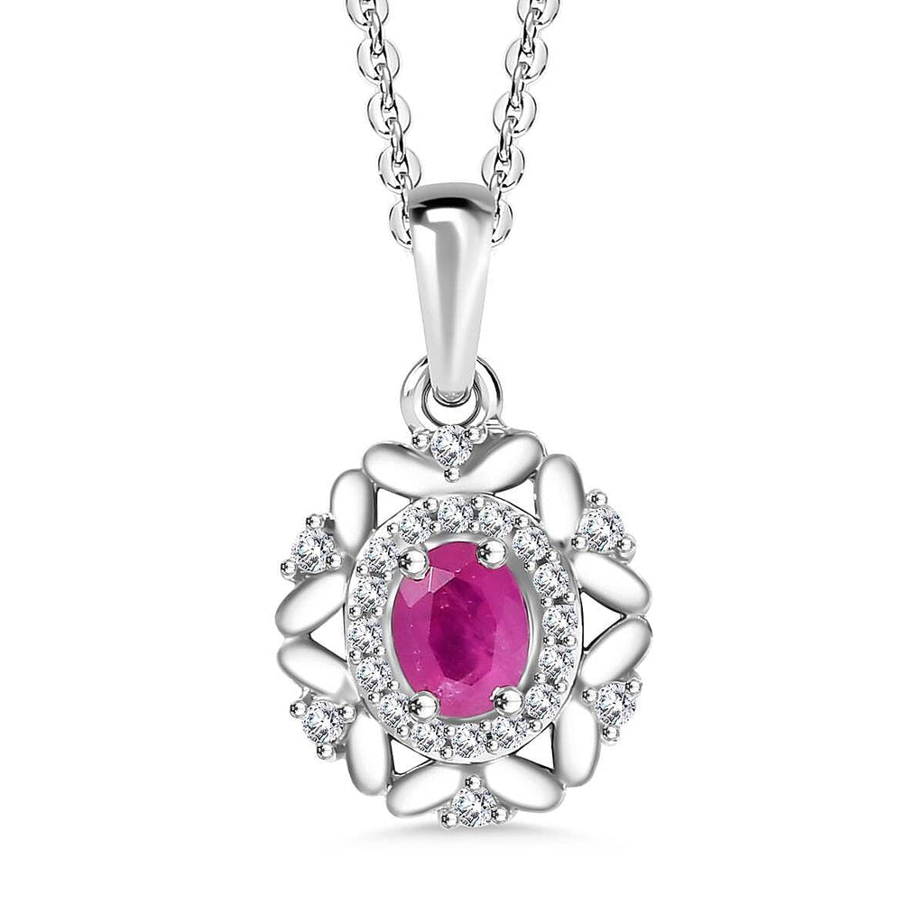 Gemfields Montepuez Ruby & White Zircon Pendant with Chain (Size 20) in Rhodium Overlay Sterling Silver 1.14 Ct.