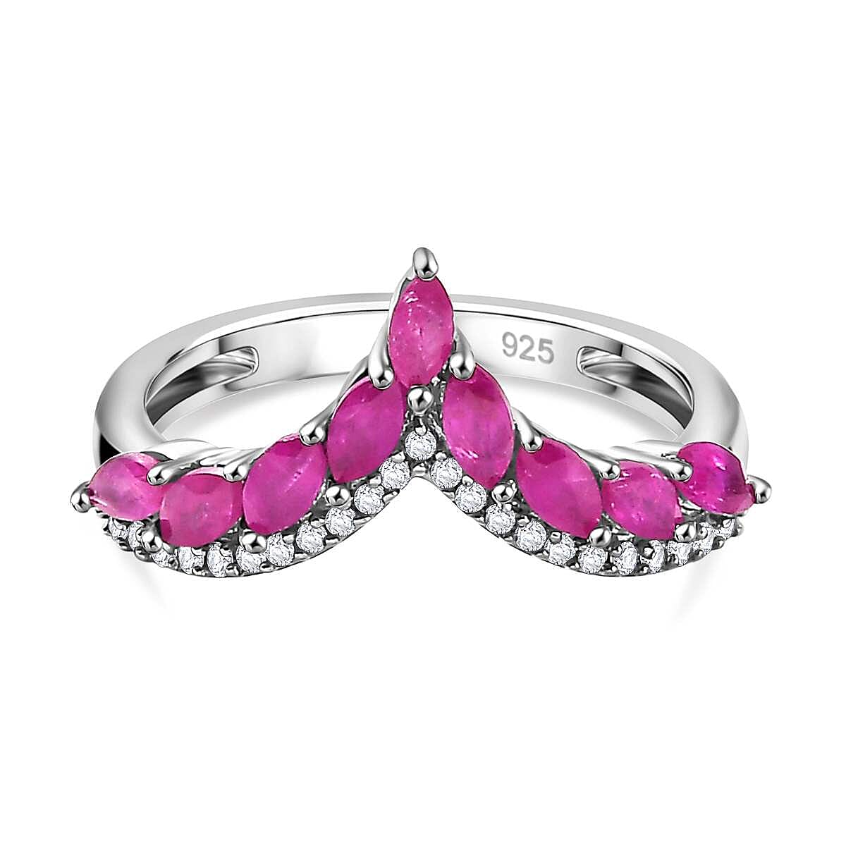 Gemfields Montepuez Ruby, White Zircon Wishbone Ring in Rhodium Overlay Sterling Silver 1.12 ct. 7851035 0