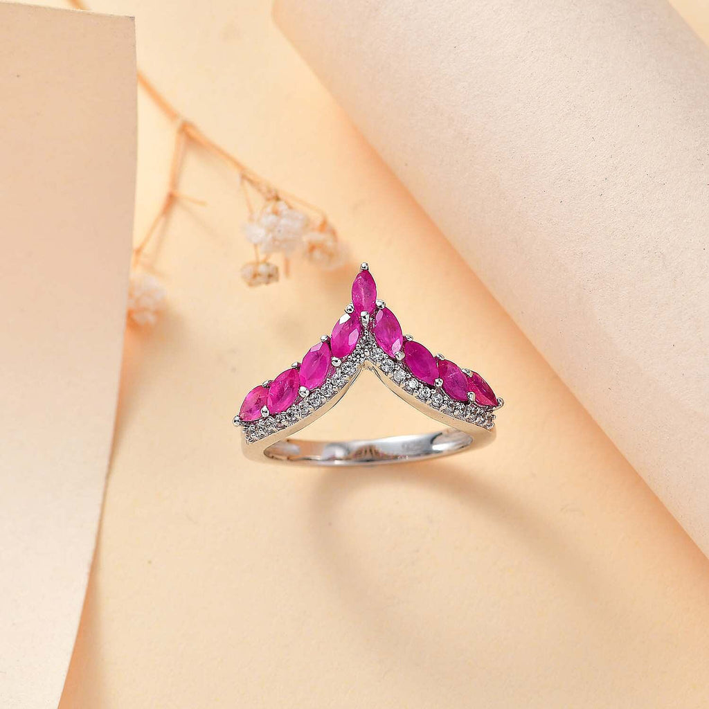 Gemfields Montepuez Ruby ,  White Zircon  Ring in rhodium Sterling Silver 1.120  Ct.