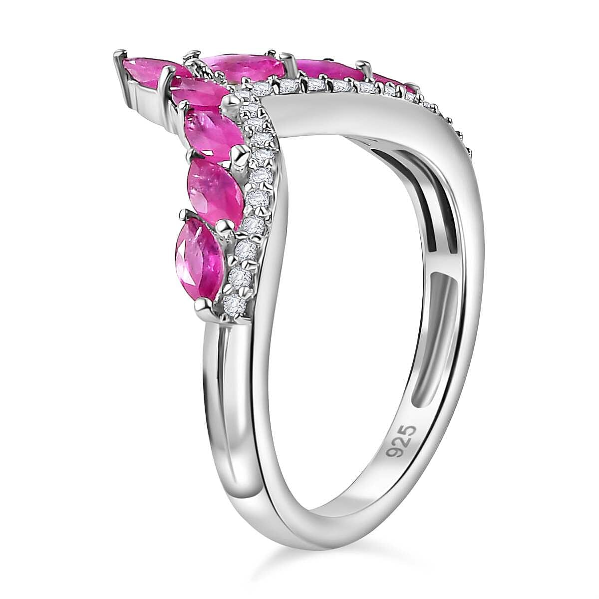 Gemfields Montepuez Ruby, White Zircon Wishbone Ring in Rhodium Overlay Sterling Silver 1.12 ct. 7851035 3