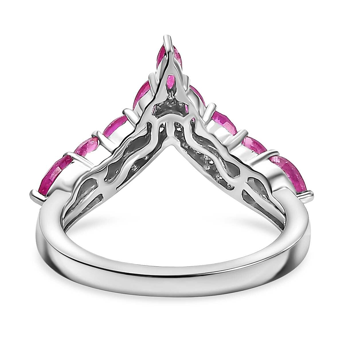 Gemfields Montepuez Ruby, White Zircon Wishbone Ring in Rhodium Overlay Sterling Silver 1.12 ct. 7851035 4
