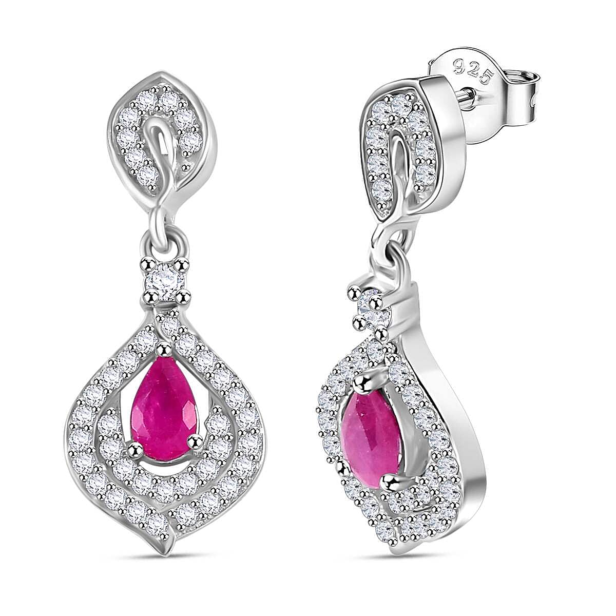 Mozambique Ruby, White Zircon Drop Earrings in Rhodium Overlay Sterling Silver 7858017 0