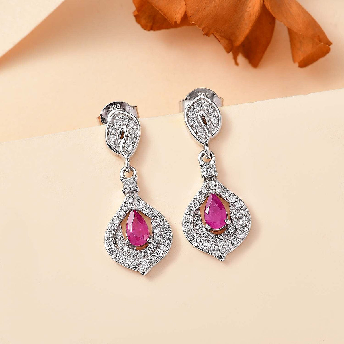 Mozambique Ruby, White Zircon Drop Earrings in Rhodium Overlay Sterling Silver 7858017 2