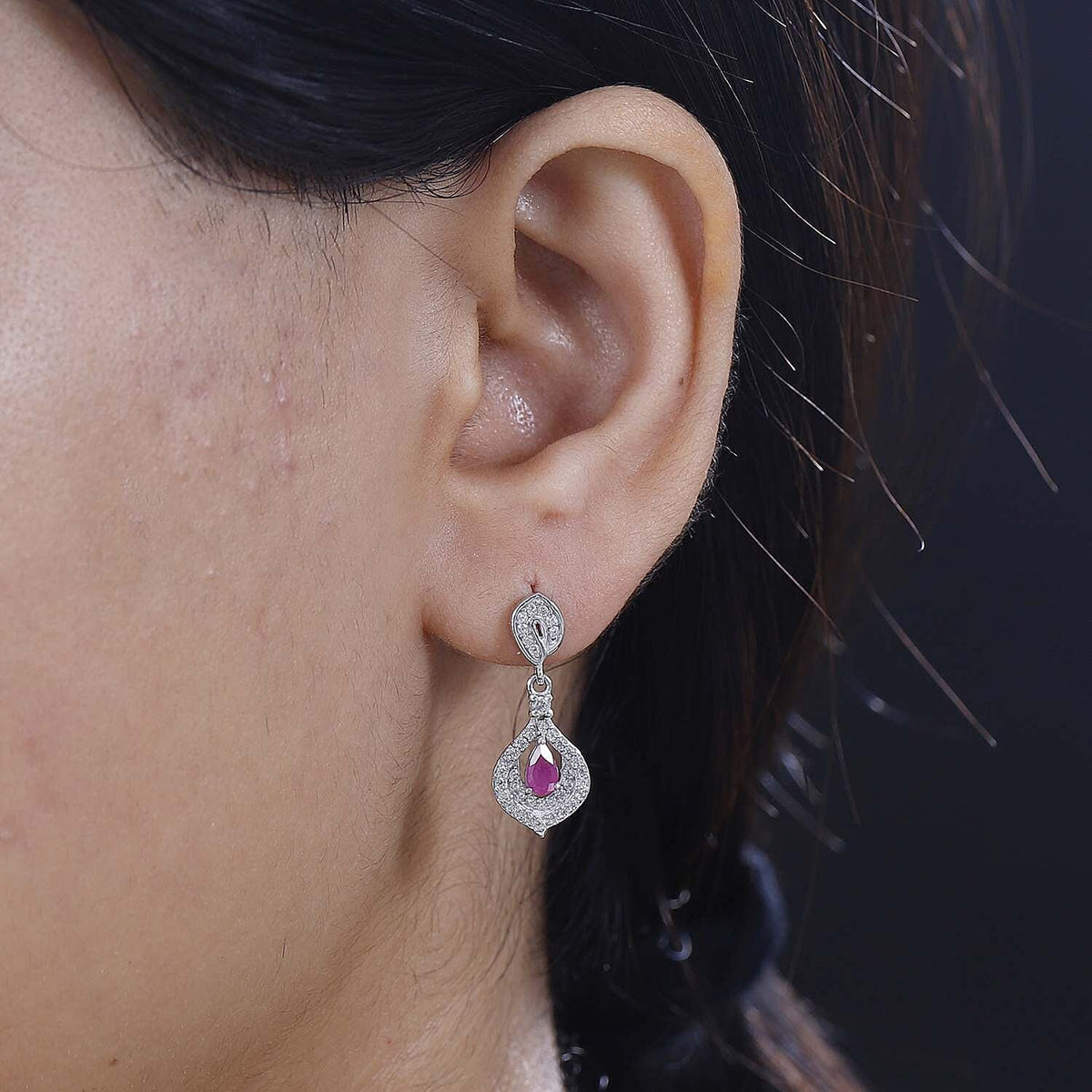Mozambique Ruby, White Zircon Drop Earrings in Rhodium Overlay Sterling Silver 7858017 3