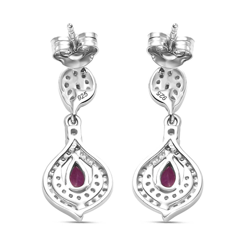 Gemfields Montepuez Ruby & White Zircon Stud Push Post Earring in Rhodium Overlay Sterling Silver 1.26 Ct.