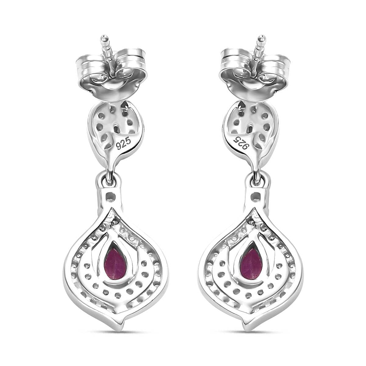 Mozambique Ruby, White Zircon Drop Earrings in Rhodium Overlay Sterling Silver 7858017 5