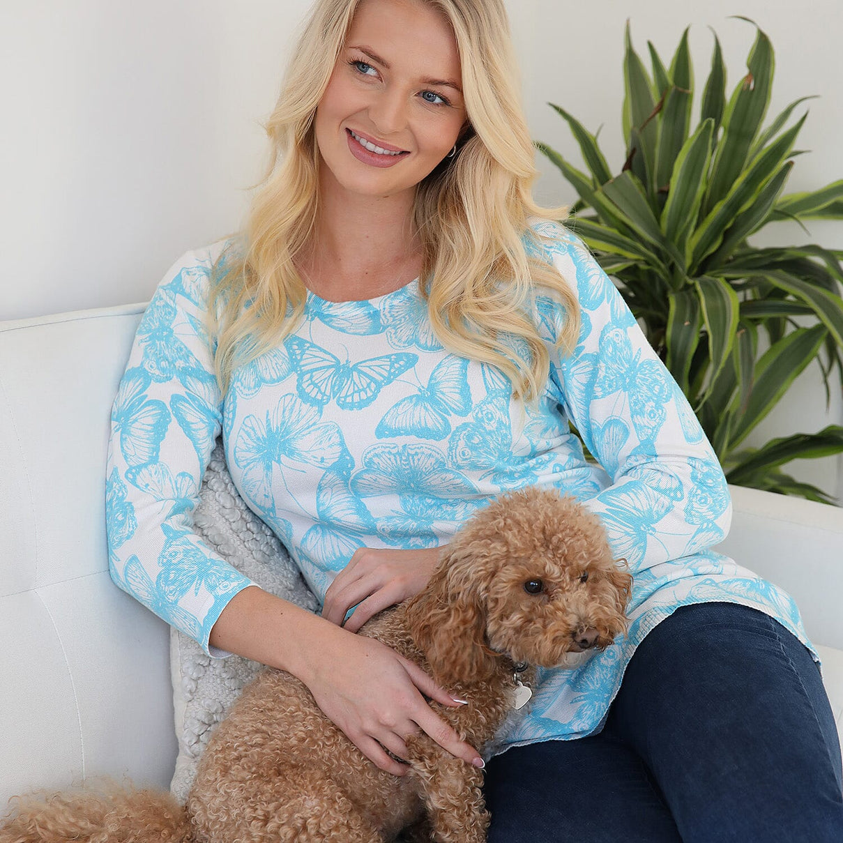 Mudflower Butterfly Print Tunic Jumper (Size 16 to 18) - Turquoise 8421884 1
