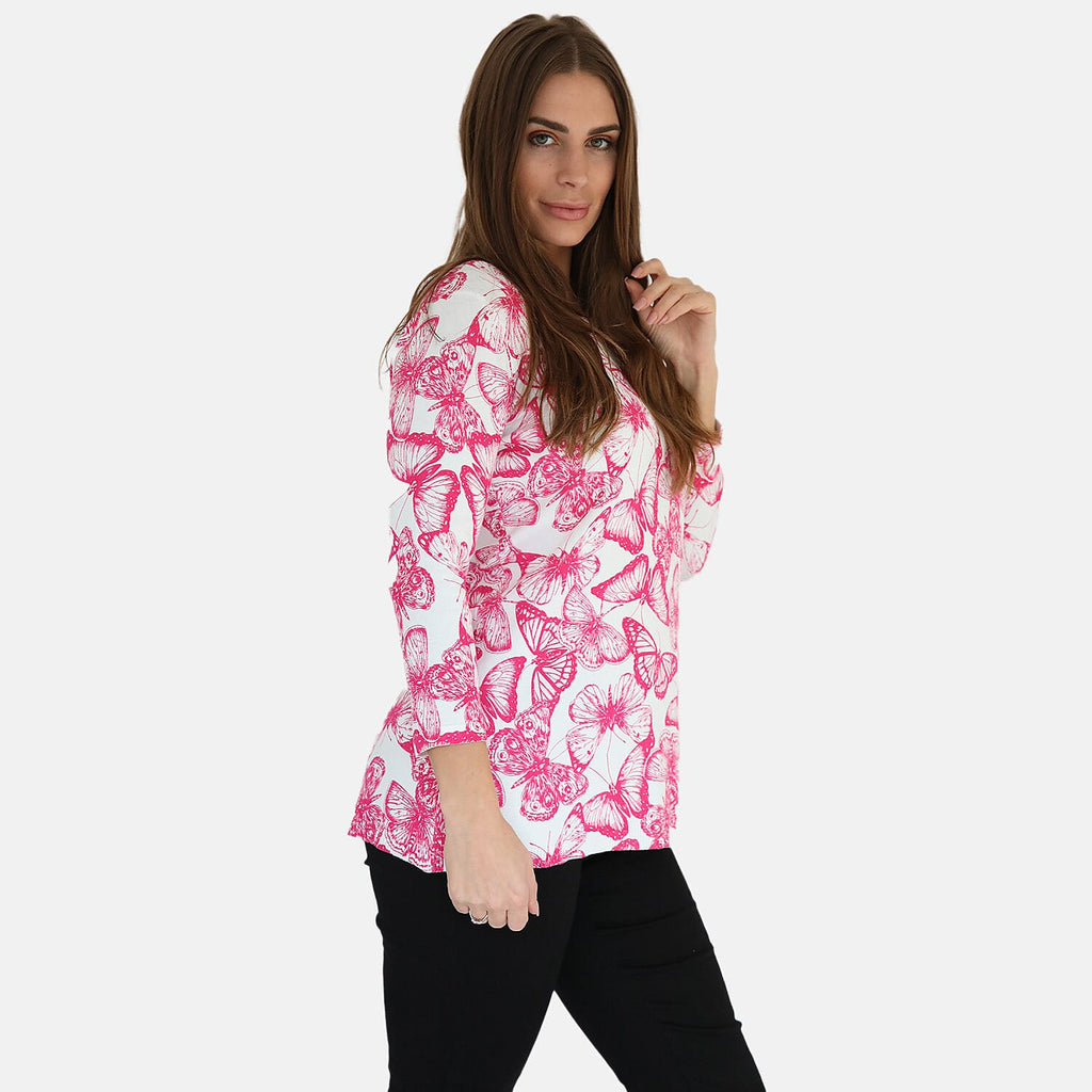 Mudflower Butterfly Print Tunic Jumper (Size 8 to 10) - Hot Pink