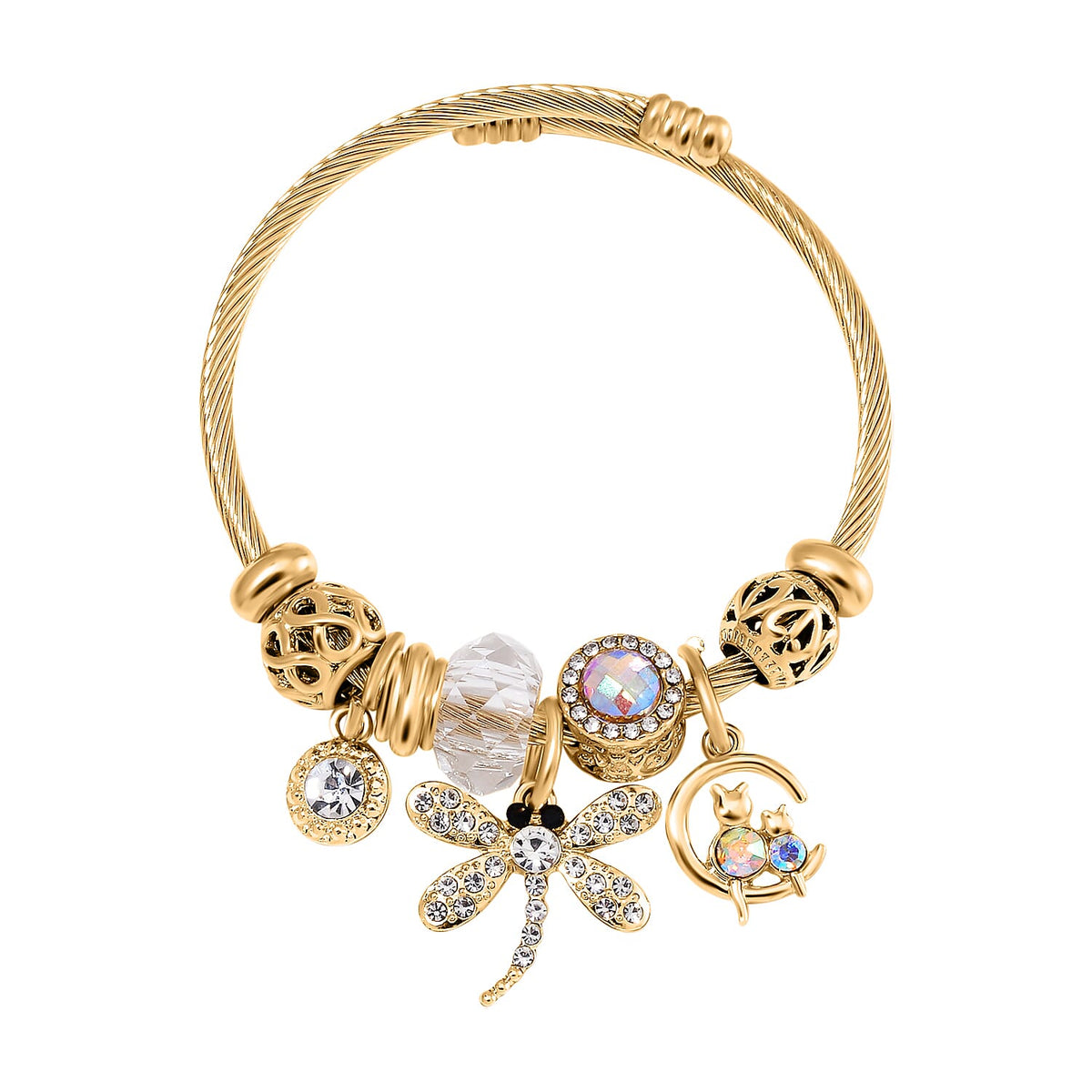 Multi Colour Ceramic Beads Enamelled Charms Dragonfly Adjustable Bracelet in Gold Tone V32705601 0