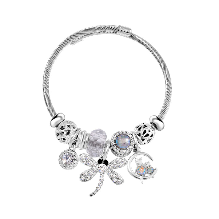 Multi Colour Ceramic Beads Enamelled Charms Dragonfly Adjustable Bracelet in Silver Tone V32732126 1
