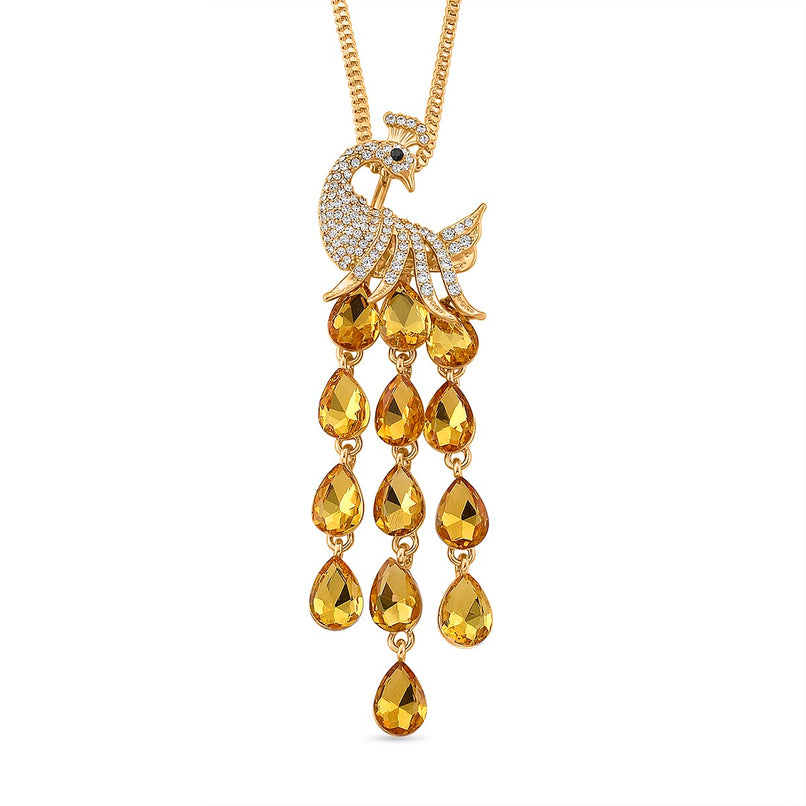 Multi Color Crystal Peacock Necklace (Size - 28-2) in Yellow Gold Tone