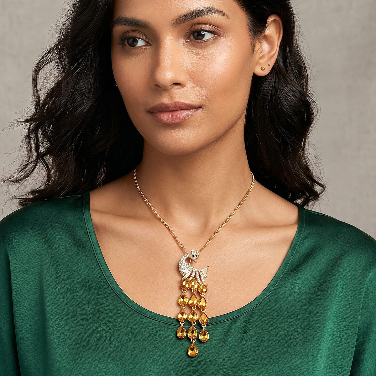Multi Color Crystal Peacock Necklace (Size - 28+2) in Yellow Gold Tone V32520643 2