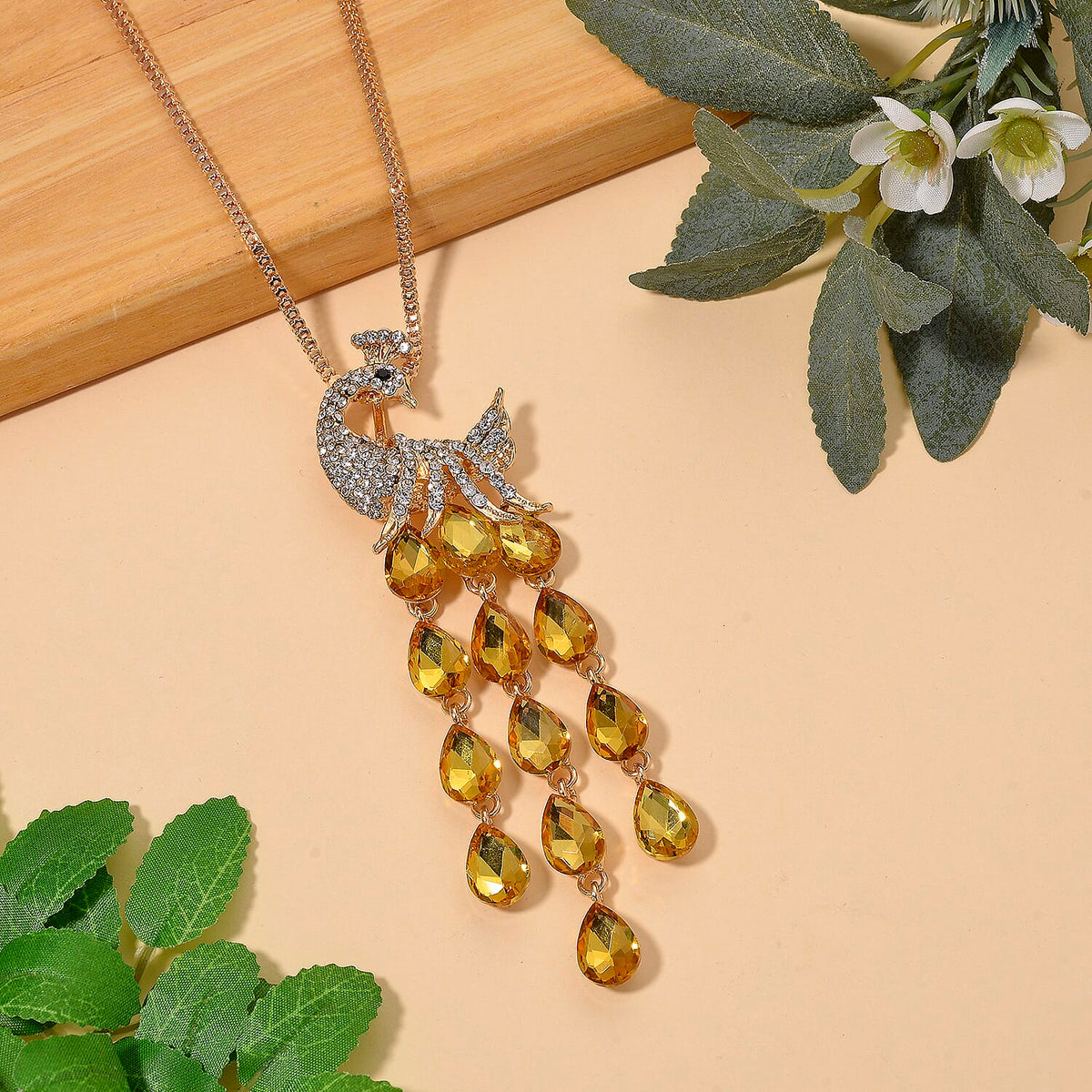 Multi Color Crystal Peacock Necklace (Size - 28+2) in Yellow Gold Tone V32520643 3