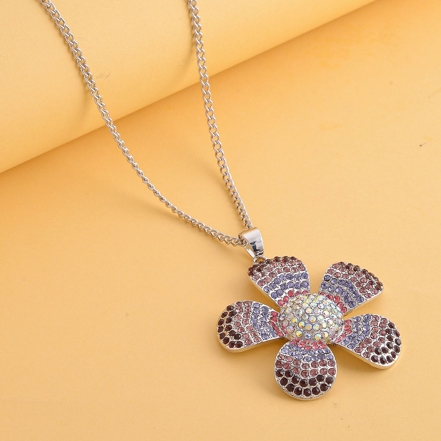 Multi Colour Austrian Crystal Floral Pendant with Chain (Size 29-2.5 Inch Ext.) in Silver Tone 4119585 2