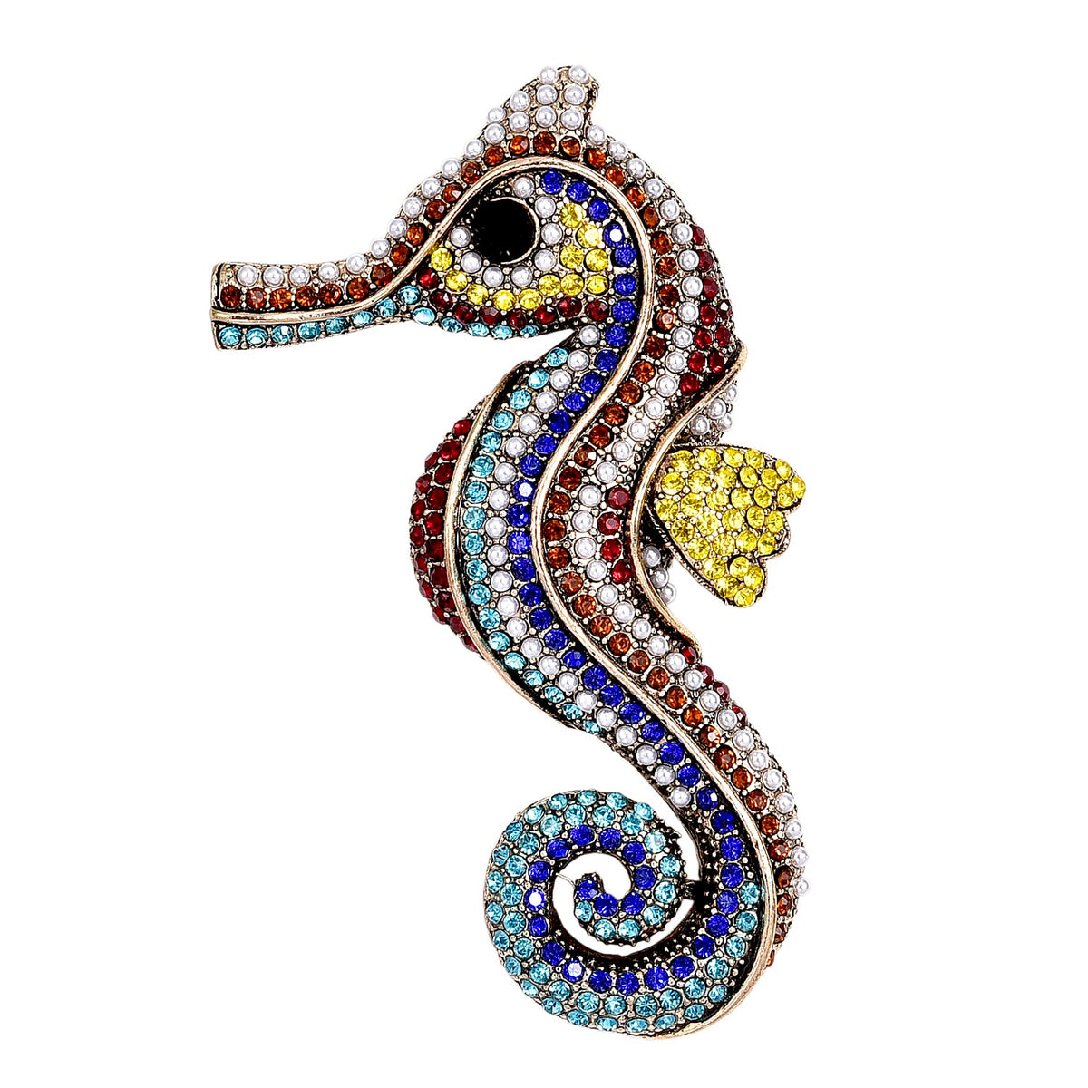 Multi Colour Crystal &amp; Plastic Pearl Seahorse Brooch in Antique Gold Tone 8311528 0