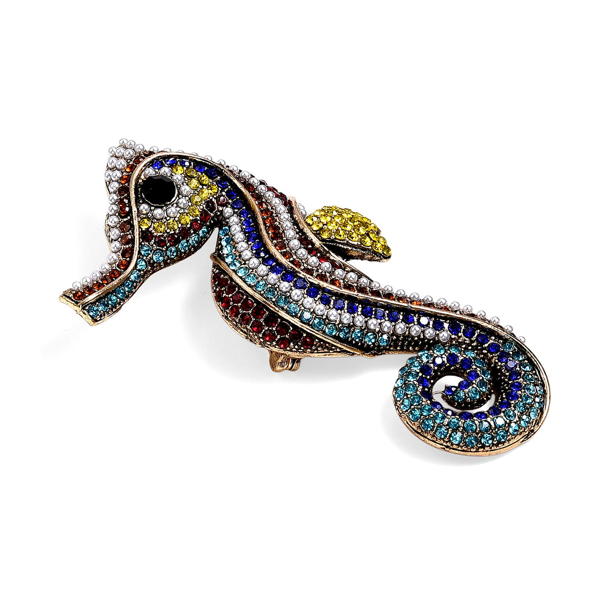 Multi Colour Crystal &amp; Plastic Pearl Seahorse Brooch in Antique Gold Tone 8311528 4