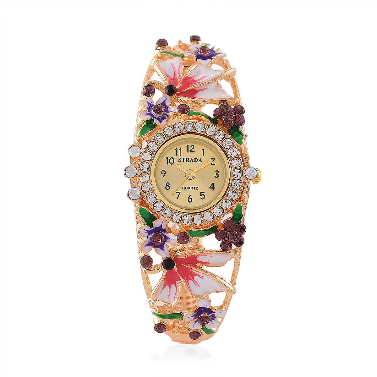 STRADA Japanese Movt. Water-Resistant Floral Bangle Watch with Pink and Multi Color Enamel &amp; Crystal Strap 7992926 0