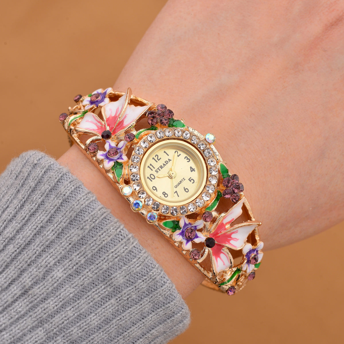 STRADA Japanese Movt. Water-Resistant Floral Bangle Watch with Pink and Multi Color Enamel &amp; Crystal Strap 7992926 2