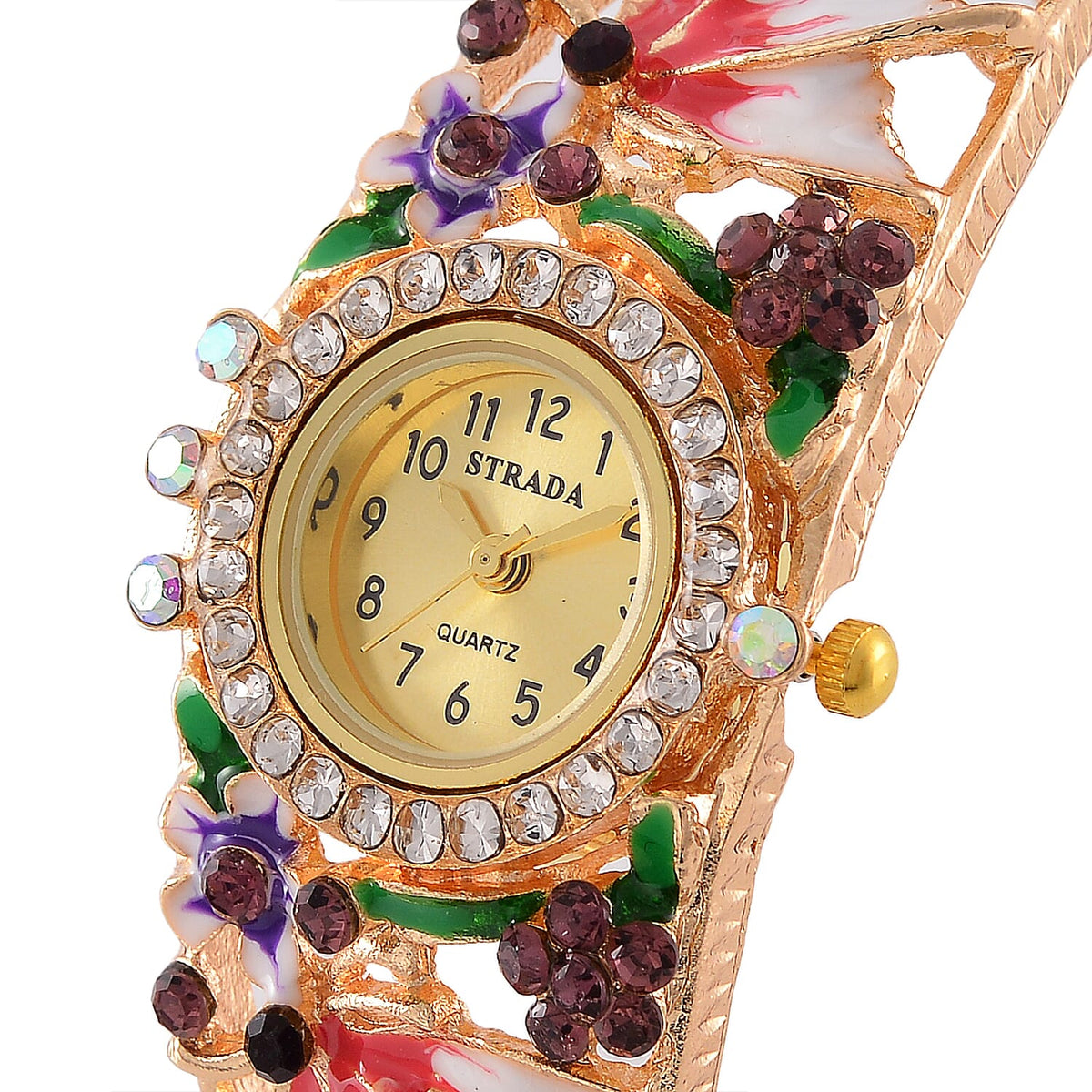 STRADA Japanese Movt. Water-Resistant Floral Bangle Watch with Pink and Multi Color Enamel &amp; Crystal Strap 7992926 3