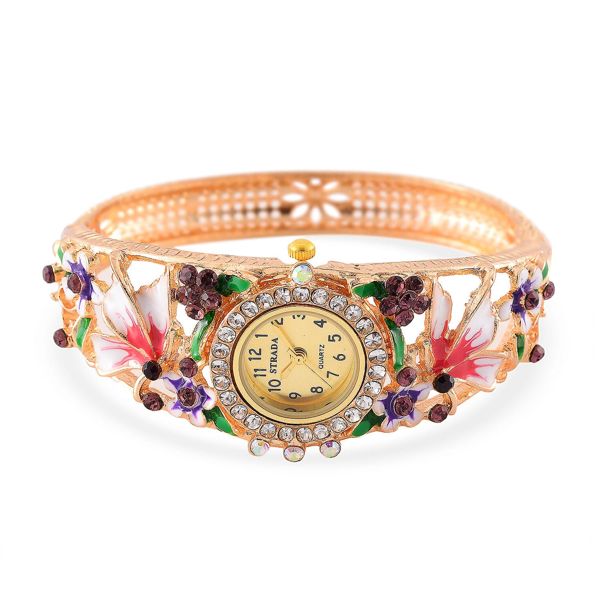 STRADA Japanese Movt. Water-Resistant Floral Bangle Watch with Pink and Multi Color Enamel &amp; Crystal Strap 7992926 4