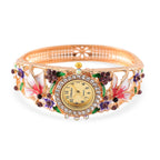 STRADA Japanese Movt. Water-Resistant Floral Bangle Watch with Pink and Multi Color Enamel & Crystal Strap